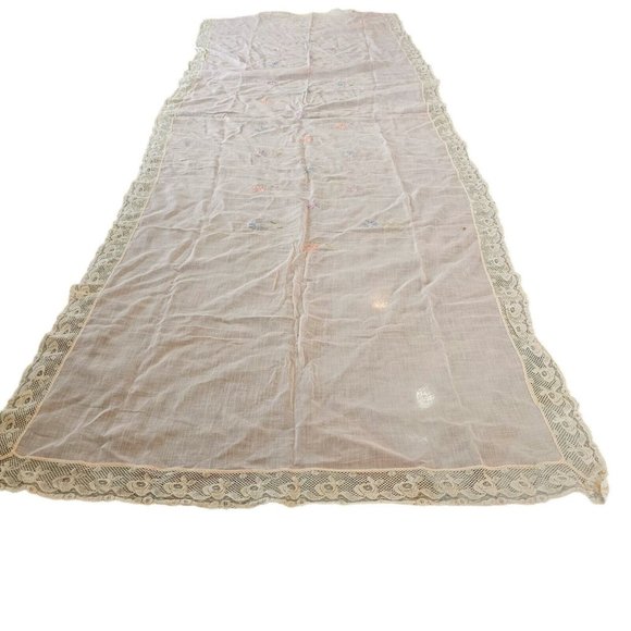 Vintage‎ Embroidered Floral Dresser Scarf Table Runner Pale Pink Ivory Lace - Picture 9 of 11